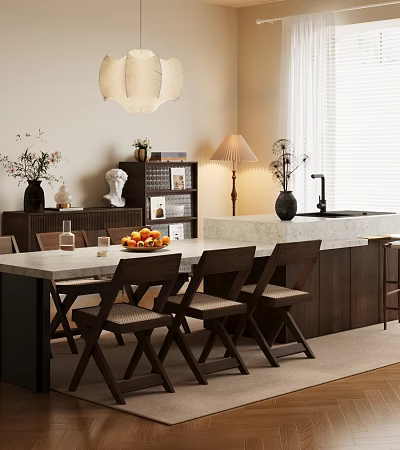 Elegant Modern Restaurant Interior With Wooden Dining Table Chairs Marble Counter And Lighting 3d model