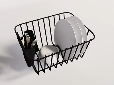 Dinnerware Set Including White Plates Bowls Forks Spoons In Black Metal Drainer 3d model