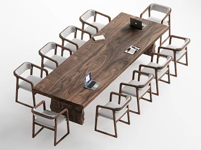 Solid Wood Conference Table With Modern Minimalist Chairs Laptops And Documents In Office Meeting Space 3d model