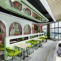 Vibrant Modern Restaurant Interior With Green Chairs And Large Windows 3d model