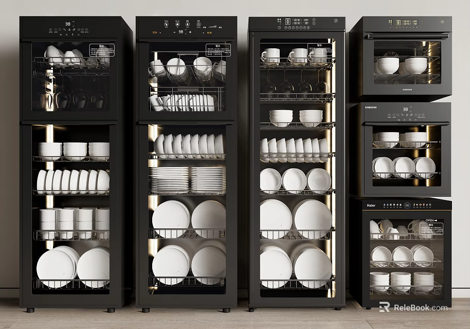 Stylish Black Kitchen Appliances With Multiple Shelves Storing Plates Bowls And Cups 3d model 