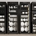 Stylish Black Kitchen Appliances With Multiple Shelves Storing Plates Bowls And Cups