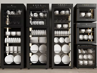 Stylish Black Kitchen Appliances With Multiple Shelves Storing Plates Bowls And Cups 3d model