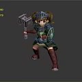 3D Model Young Girl In Metallic Armor Holding Large Hammer With Pigtails And Red Boots