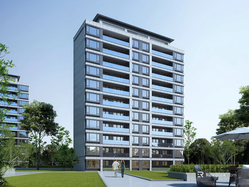 Modern Residential Building Exterior With Balconies Greenery Lawn And People Strolling 3d model 