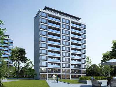 Modern Residential Building Exterior With Balconies Greenery Lawn And People Strolling 3d model