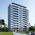 Modern Residential Building Exterior With Balconies Greenery Lawn And People Strolling