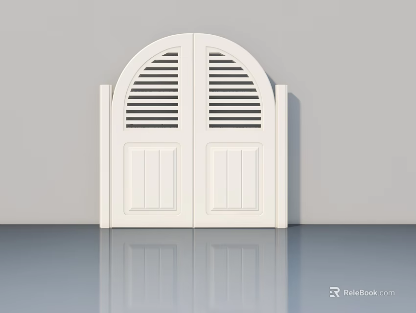 White Double Swing Door With Arched Top Louvered Design And Smooth Panels 3d model 