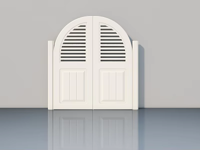 White Double Swing Door With Arched Top Louvered Design And Smooth Panels 3d model