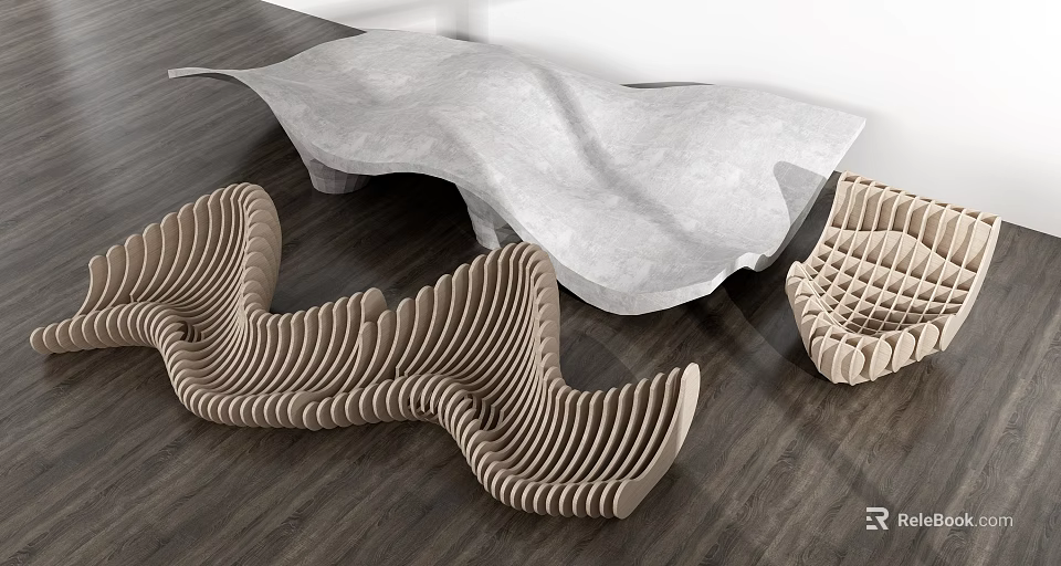 Modern Outdoor Chair With Unique Wooden Wavy Curved Structure For Garden Space 3d model 