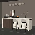 Modern Kitchen Interior With Light Wood Island Counter And White Stools
