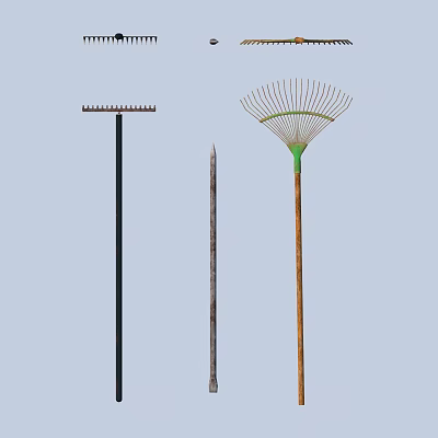 Essential Hardware Tools Including Steel Rake Metal Pole Wooden Handle And Garden Equipment 3d model