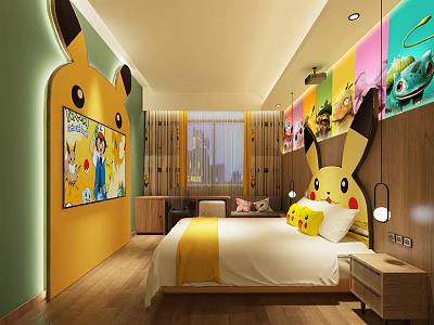 Comfortable Hotel Room Interior Design With Modern Bed And Decorative Wall Elements 3d model