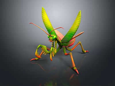 Vibrant Flying Animal With Green Wings Orange Legs And Antennae In Dynamic Pose 3d model