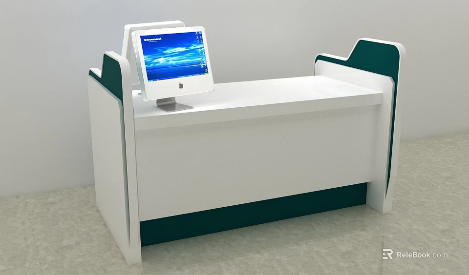 White Reception Desk With Green Sides And Bottom Featuring Display Screen 3d model 