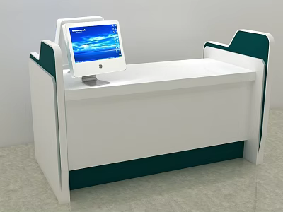 White Reception Desk With Green Sides And Bottom Featuring Display Screen 3d model