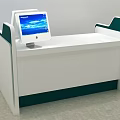 White Reception Desk With Green Sides And Bottom Featuring Display Screen