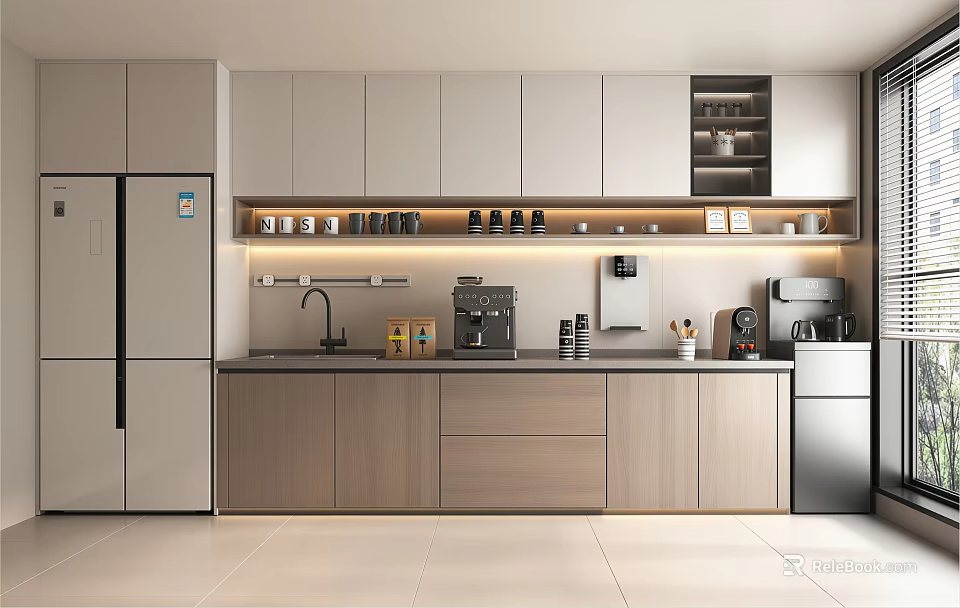 Modern Pantry Interior Design With Cabinets Coffee Machine Sink Counter And Appliances 3d model 