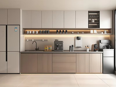 Modern Pantry Interior Design With Cabinets Coffee Machine Sink Counter And Appliances 3d model