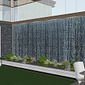 Modern Waterfall Feature Wall With Green Plants Stones And Outdoor Dining Area