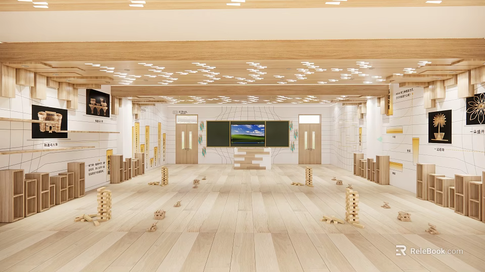 School Classroom Interior With Wooden Floor Ceiling Lights Platform Screen Lockers And Building Blocks 3d model 