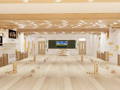 School Classroom Interior With Wooden Floor Ceiling Lights Platform Screen Lockers And Building Blocks 3d model