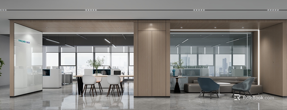 Modern Office Lounge Area With Wooden Partition Large Windows Sofa Tables Chairs And Green Plants 3d model 