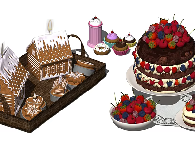 Assorted Delicious Food Including Gingerbread Houses Cupcakes Chocolate Cake With Berries And Strawberries 3d model