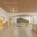 Bright Kindergarten Interior With Wooden Ceiling Ceiling Fans Large Windows Colorful Balloon Decorations And Tables