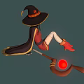 Witch Riding Broomstick With Red Glowing Orb Red Top Black Skirt White Stockings