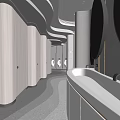 Public Restroom Interior Design With Modern Wooden Stalls Urinals And Gray Walls