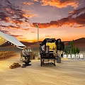 Scenic Desert Garden Landscape With Sunset Tent Camping Tables Chairs And Tires