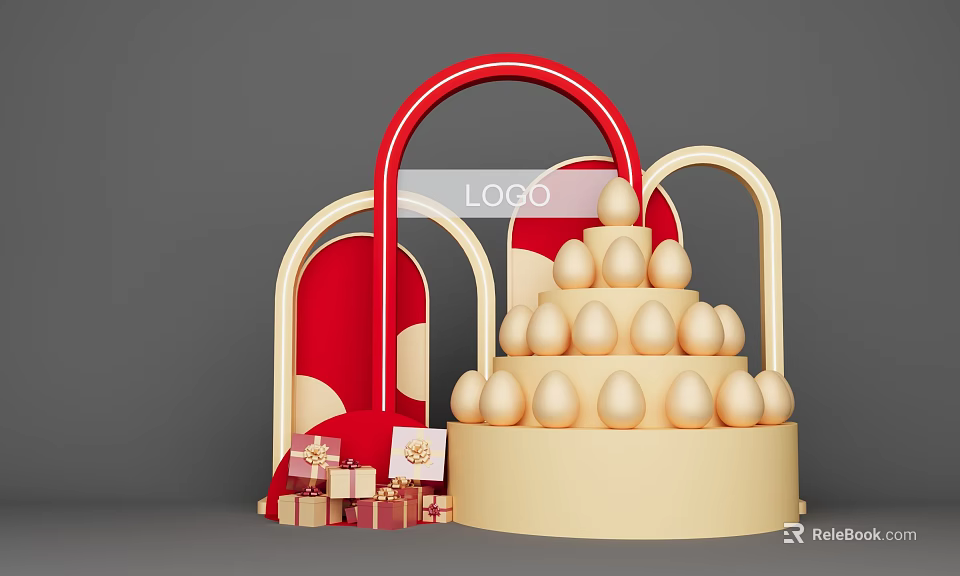 Decorative Photo Check In Spot Featuring Red Arch Golden Egg Tower And Gift Boxes 3d model 