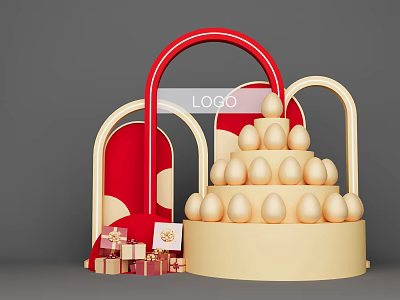 Decorative Photo Check In Spot Featuring Red Arch Golden Egg Tower And Gift Boxes 3d model
