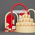 Decorative Photo Check In Spot Featuring Red Arch Golden Egg Tower And Gift Boxes