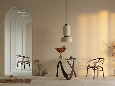 Stylish Dining Table Set With White Round Table Brown Rattan Chairs And Lantern Pendant Light 3d model
