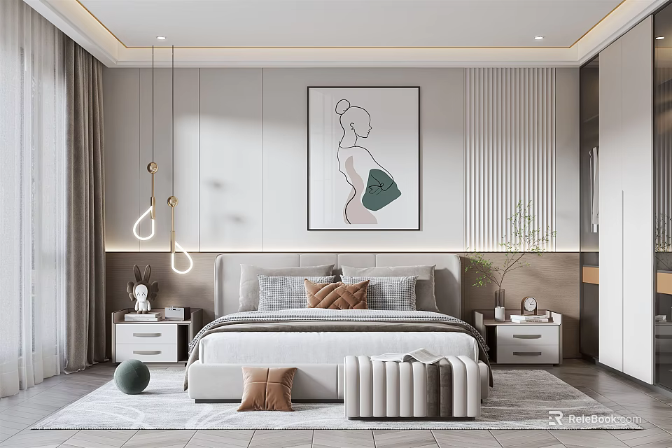 Modern Bedroom Interior With Bed Artwork Pendant Lights Nightstands Curtains And Rug 3d model 