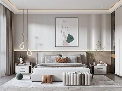 Modern Bedroom Interior With Bed Artwork Pendant Lights Nightstands Curtains And Rug 3d model