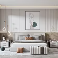 Modern Bedroom Interior With Bed Artwork Pendant Lights Nightstands Curtains And Rug