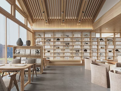 Book Art Space Interior With Wooden Shelves And Natural Light 3d model
