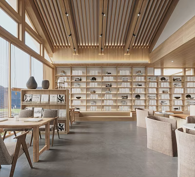 Book Art Space Interior With Wooden Shelves And Natural Light 3d model