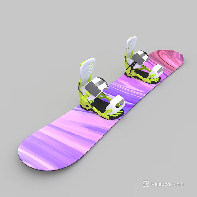 Snowboard With Purple Pink Gradient Design And Green White Bindings For Winter Sports 3d model 
