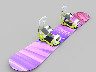 Snowboard With Purple Pink Gradient Design And Green White Bindings For Winter Sports 3d model