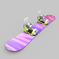Snowboard With Purple Pink Gradient Design And Green White Bindings For Winter Sports