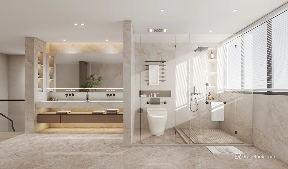 Modern Bathroom Interior With Double Vanity Glass Shower And Marble Surfaces 3d model 