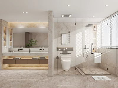 Modern Bathroom Interior With Double Vanity Glass Shower And Marble Surfaces 3d model