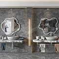 Modern Bathroom Vanities With Marble Countertops Irregular Shaped Mirrors And Toiletries