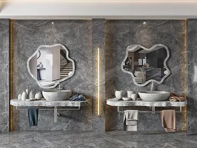 Modern Bathroom Vanities With Marble Countertops Irregular Shaped Mirrors And Toiletries 3d model