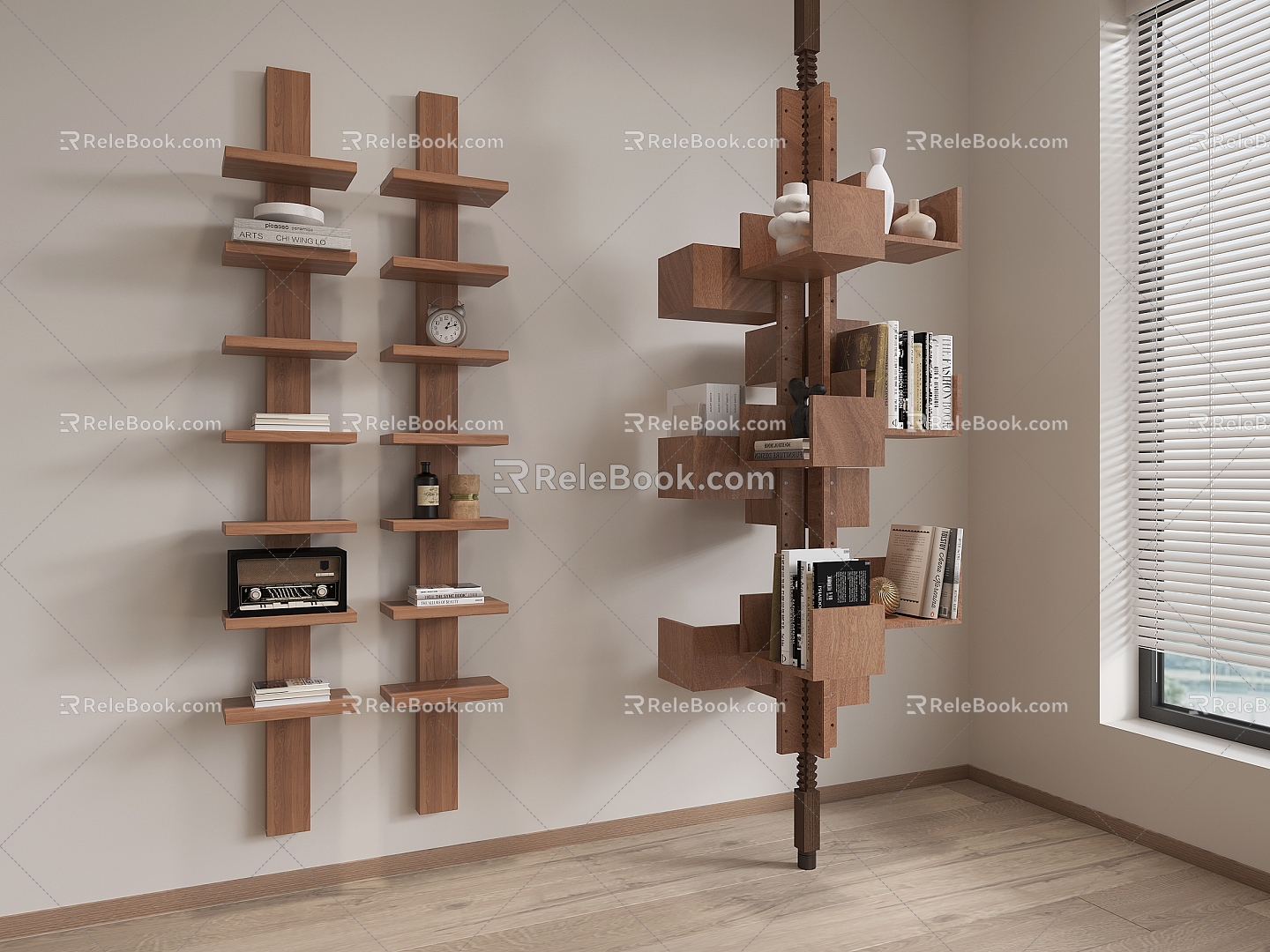 Qui Middle and Ancient Style Storage Rack Wall-mounted Wall Storage Rack Floor-standing Storage Rack Rotating Bookshelf 3d model