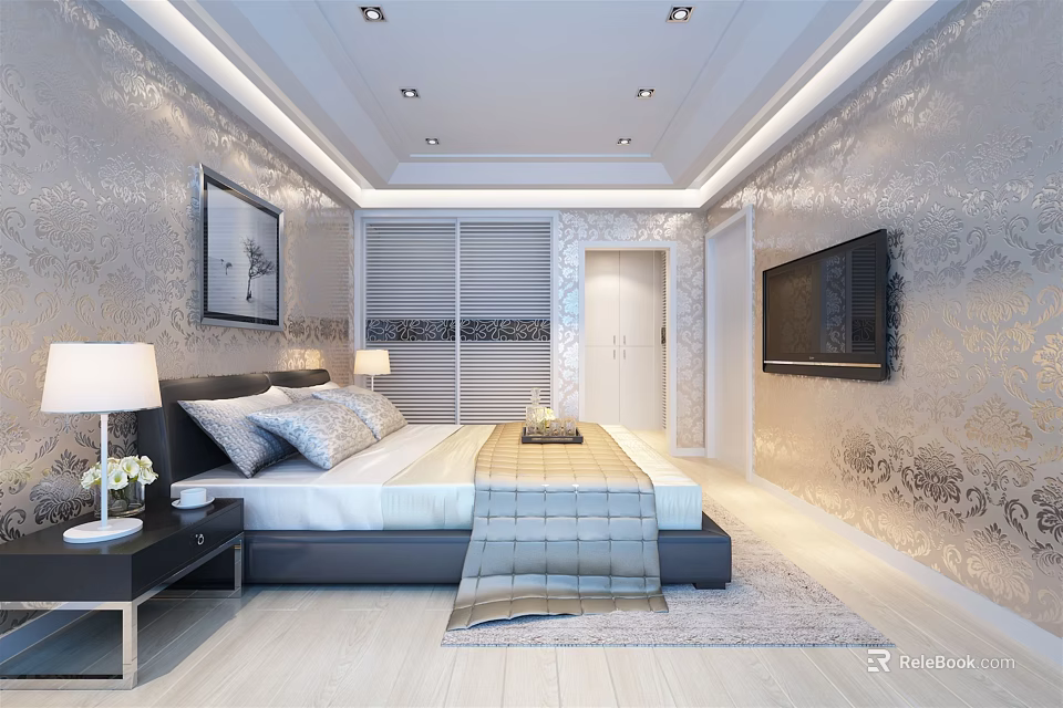 Hotel Guest Room Interior Design With Bed Nightstand Table Lamp TV And Decorative Wallpaper 3d model 
